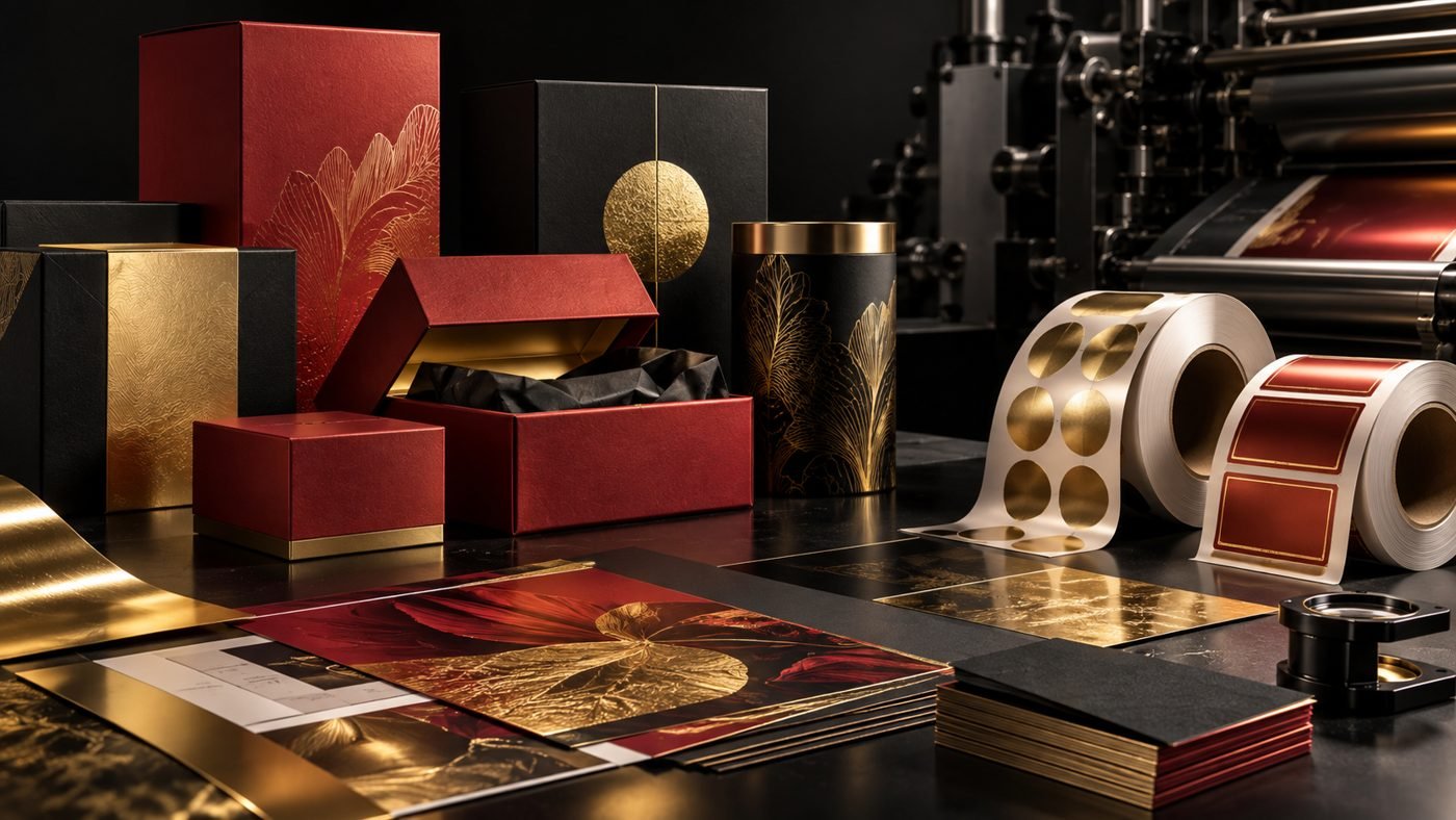 Premium red and gold packaging, printed sheets and label rolls in a production studio