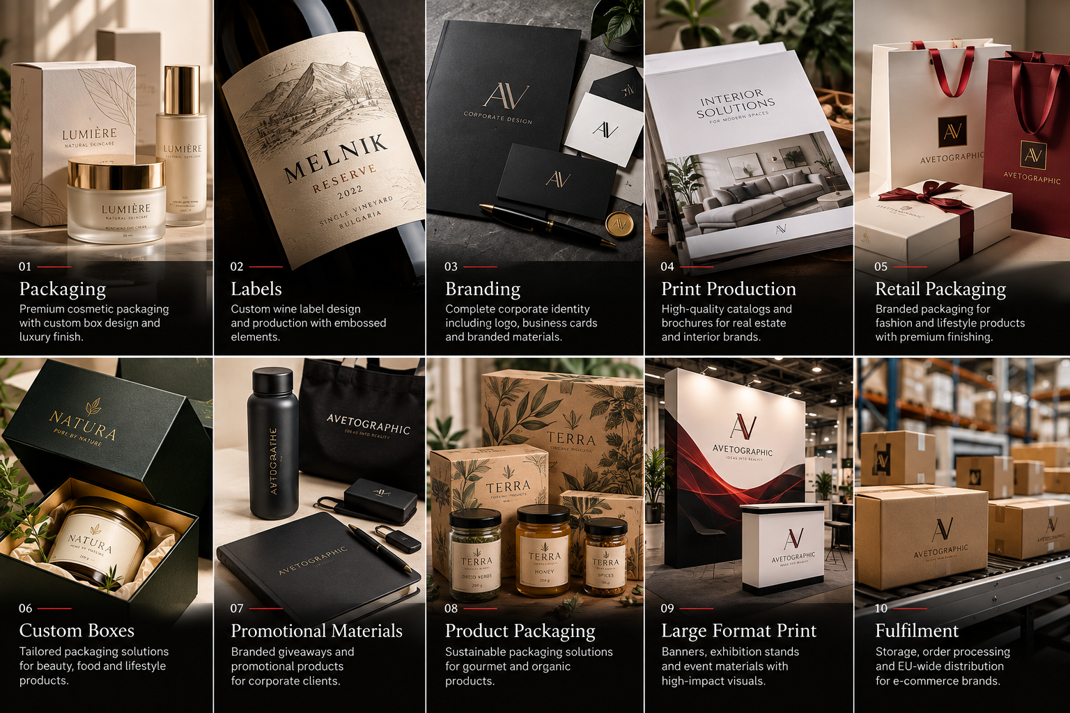 Conceptual examples of packaging, labels, corporate print and fulfilment applications